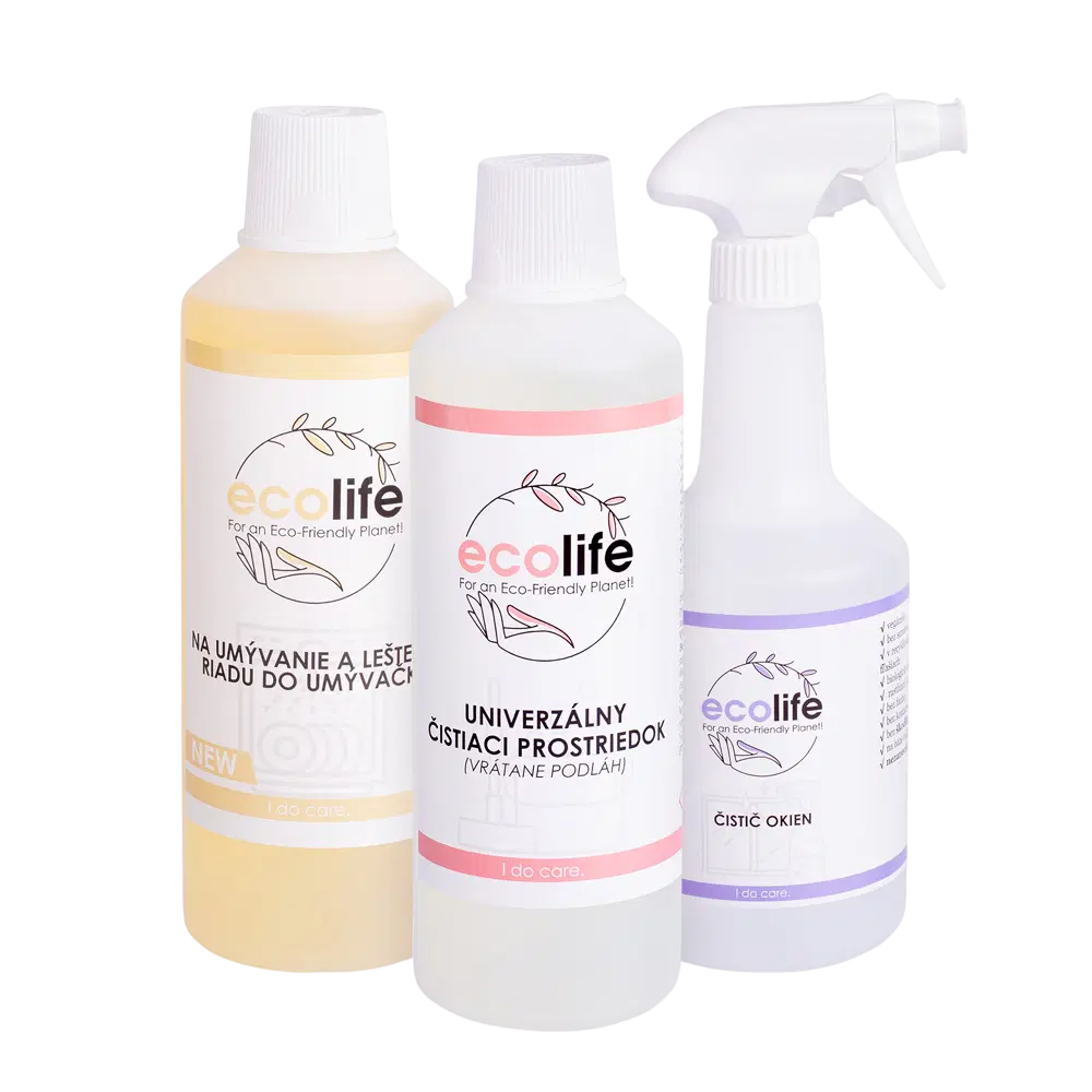 EcoLife Pachet de test I – gel pentru mașina de spălat vase, soluție universală și soluție pentru geamuri