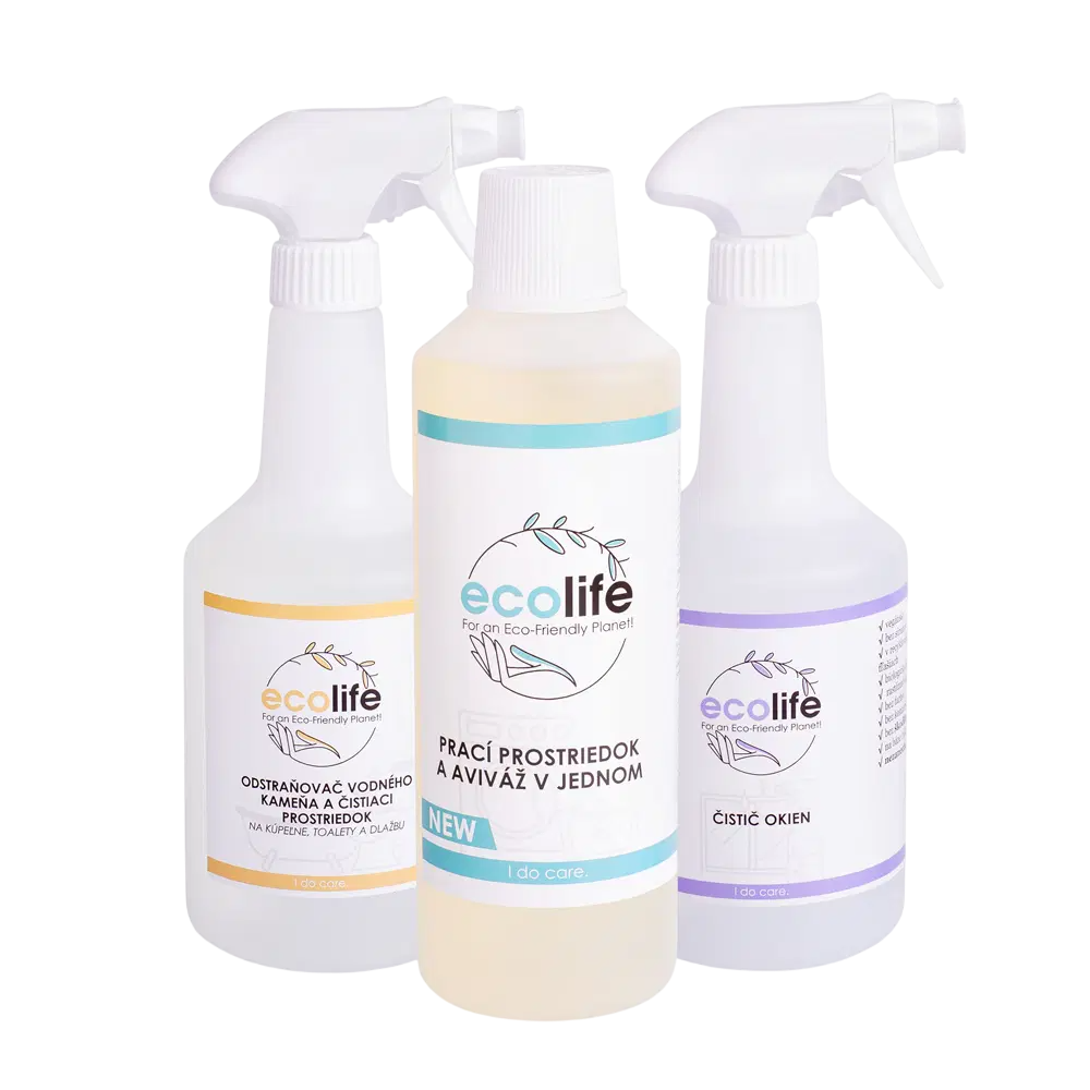 EcoLife Pachet de test IV – detergent de rufe 2 în 1, soluție pentru geamuri și soluție anticalcar